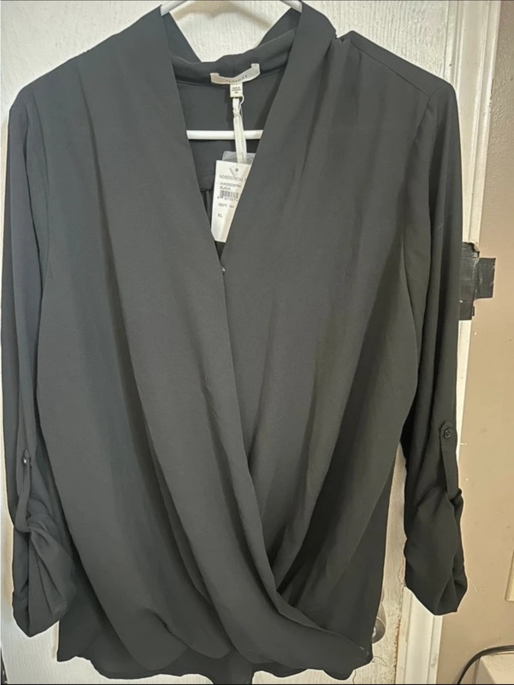 Pleione Black Draped Surplice Blouse